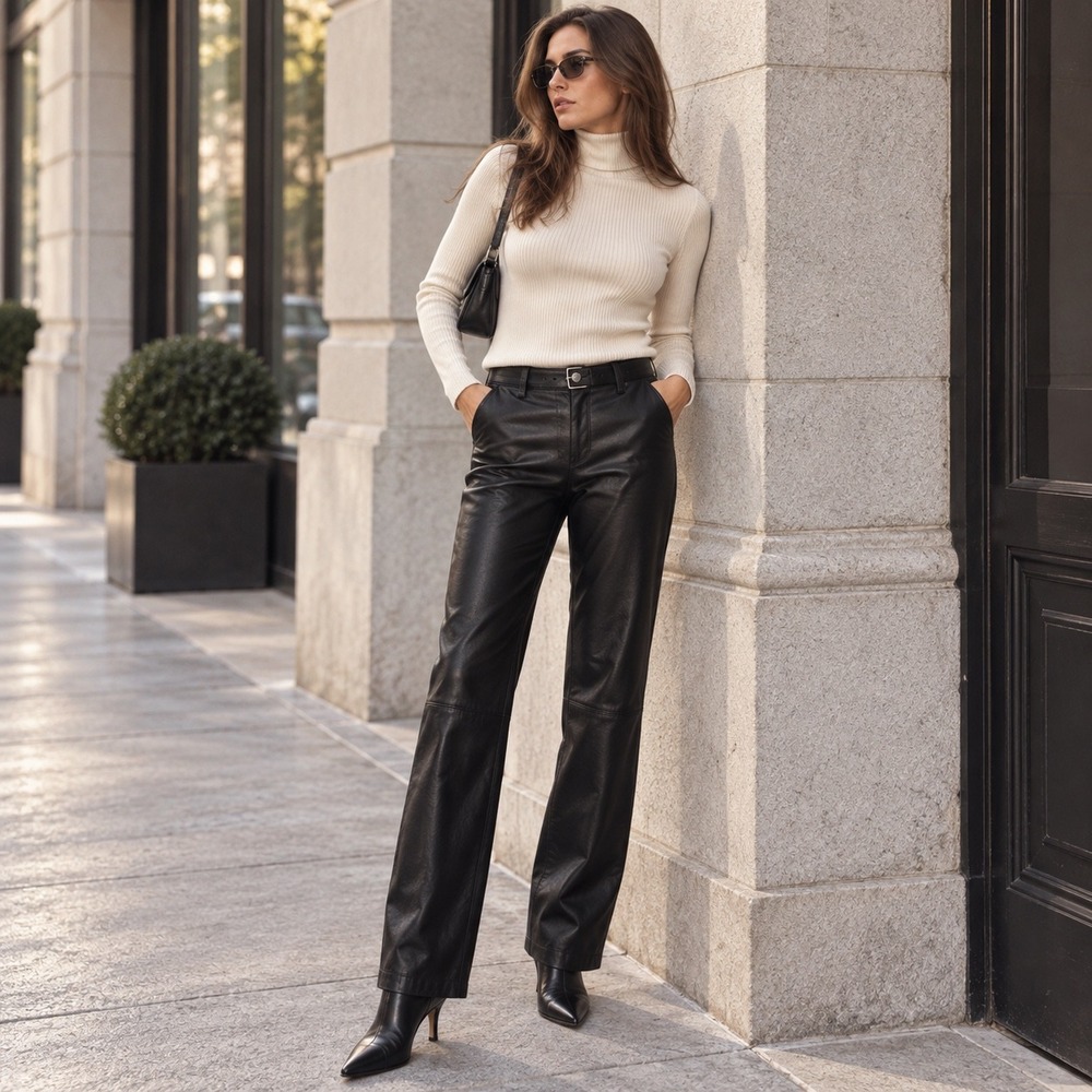 St. John Sport Marie Gray Black Leather Straight Leg Pants Womens 8 High Rise